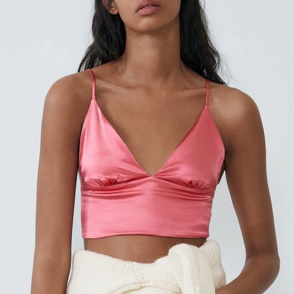 Zara Tops - Zara Pink Satin V-Neck Cropped Tank